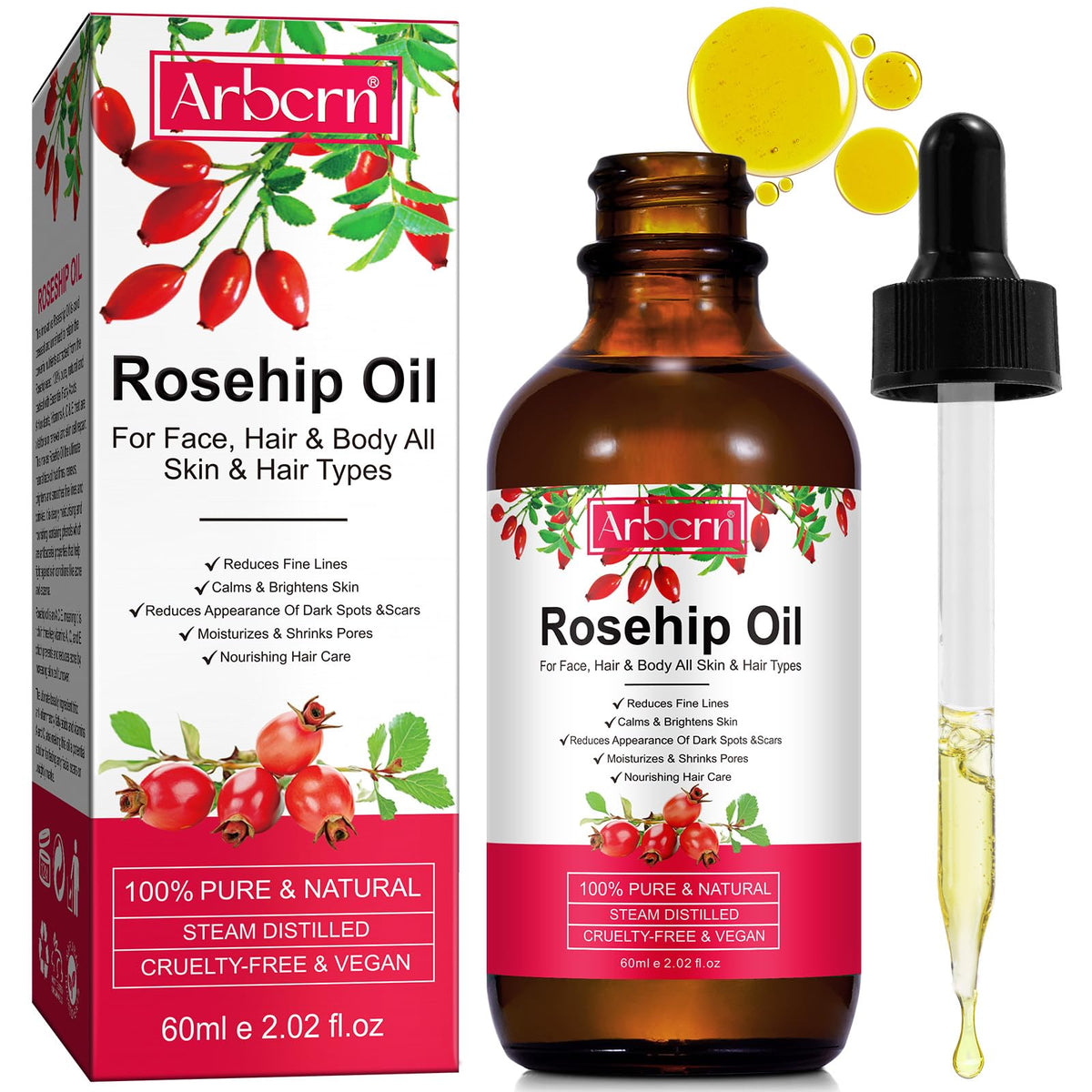 ar-bcrn rosehip oil face bottle promotes radiant, nourished skin daily.