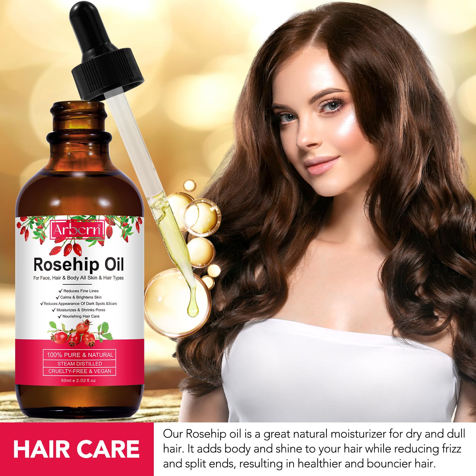 ar-bcrn rosehip oil hair nails supports shine and healthier nails.