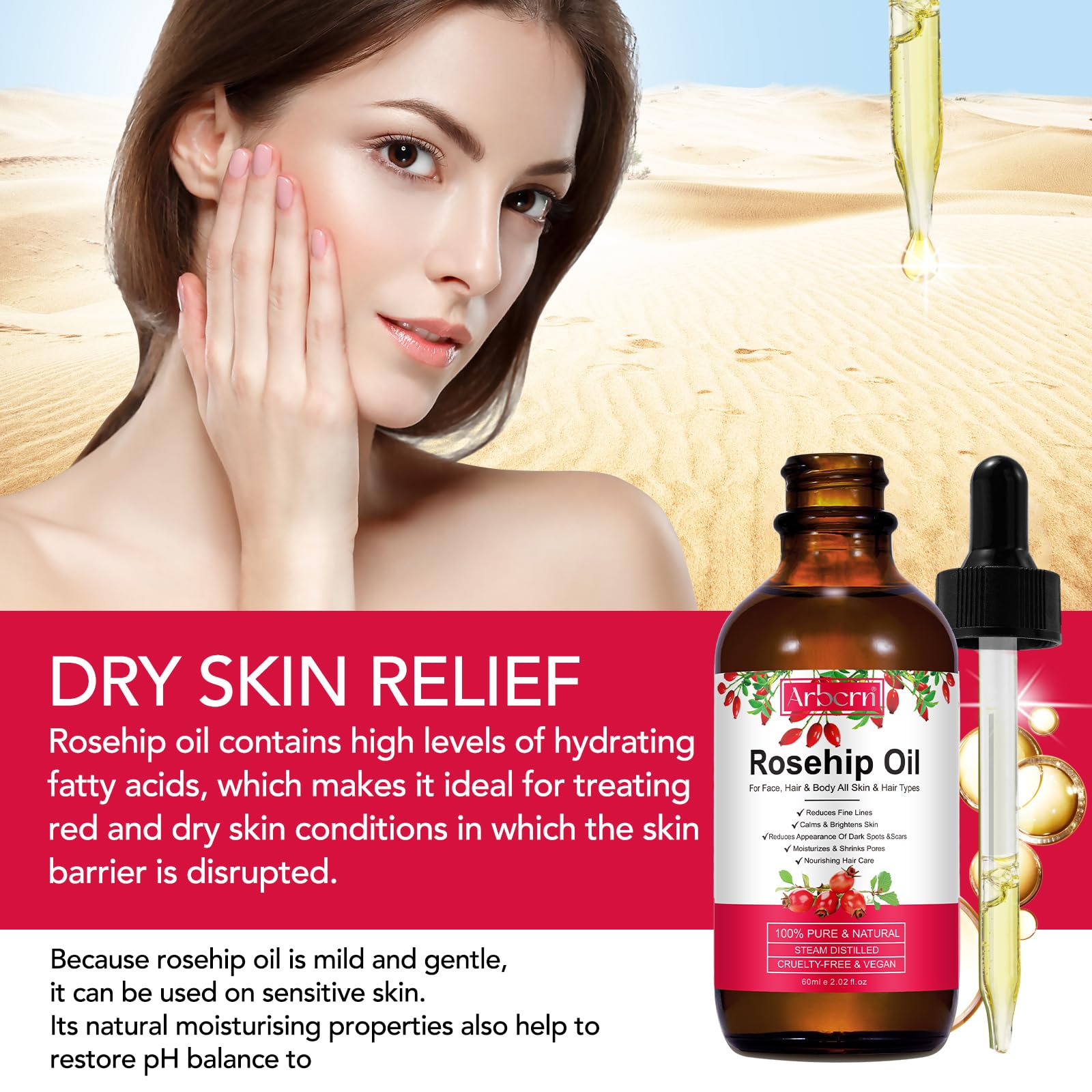 ar-bcrn rosehip oil nourishes body skin and cuticles for smoothness.