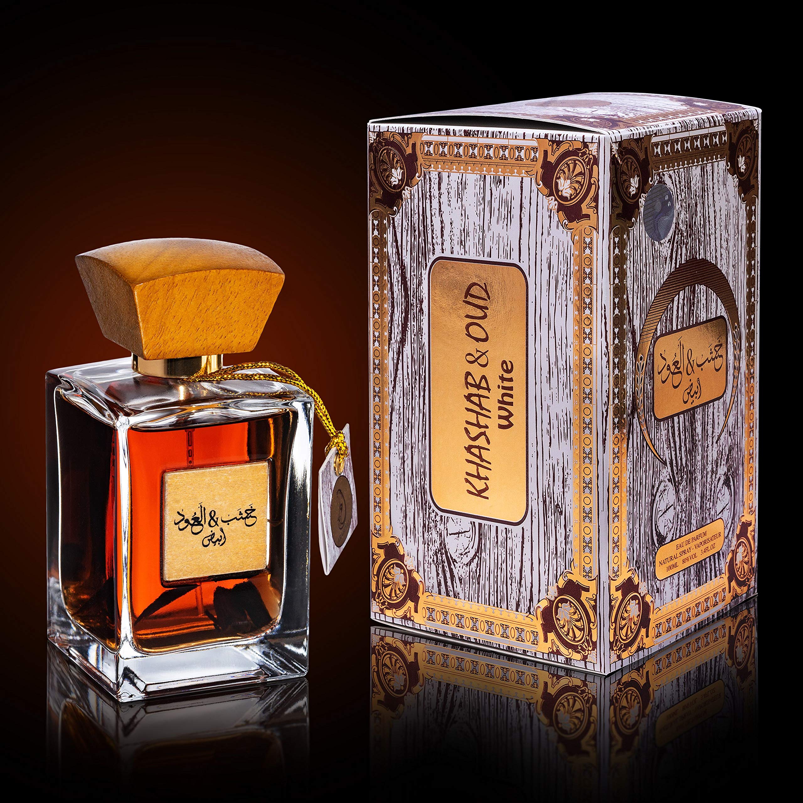 ARABIYAT Khashab & Oud golden liquid hints at long-lasting fragrance.