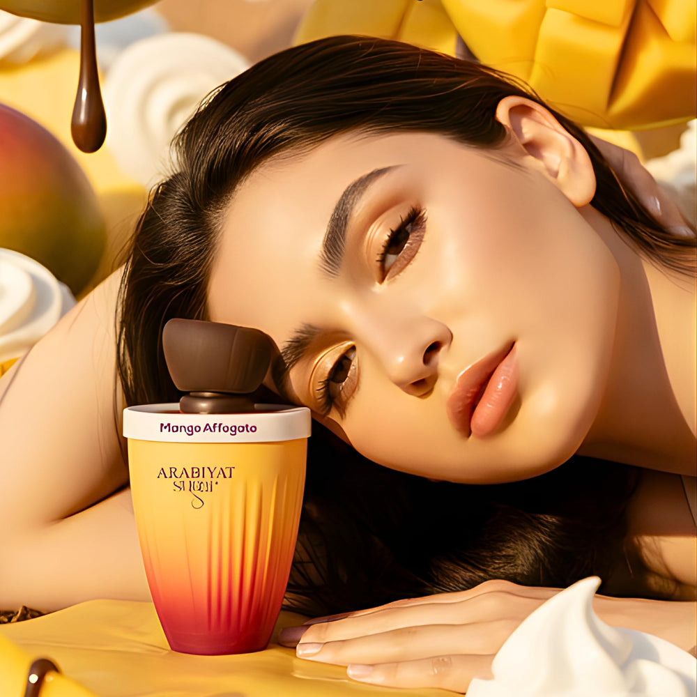 ARABIYAT Sugar Mango Affogato focus on heart notes leather and saffron blend.