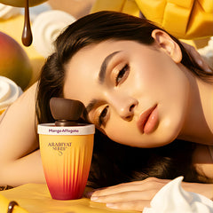 ARABIYAT Sugar Mango Affogato focus on heart notes leather and saffron blend.
