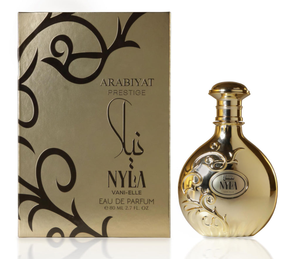 Nyla Vani-Elle bottle with gold cap, exuding luxury for evening wear.