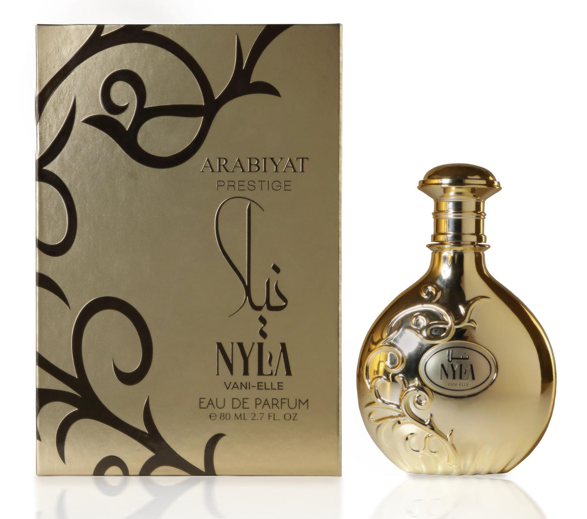 Nyla Vani-Elle bottle with gold cap, exuding luxury for evening wear.