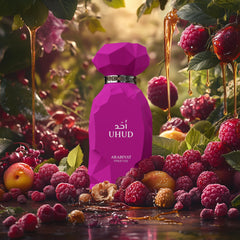 ARABIYAT PRESTIGE UHUD 100ml cap close-up, hints at luxurious caramel and berry notes.