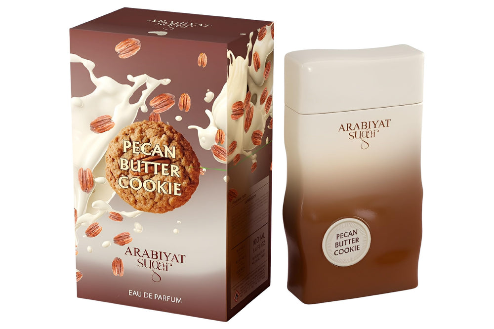 Close-up of ARABIYAT Sugar Pecan Butter Cookie EDP bottle highlighting creamy vanilla notes.