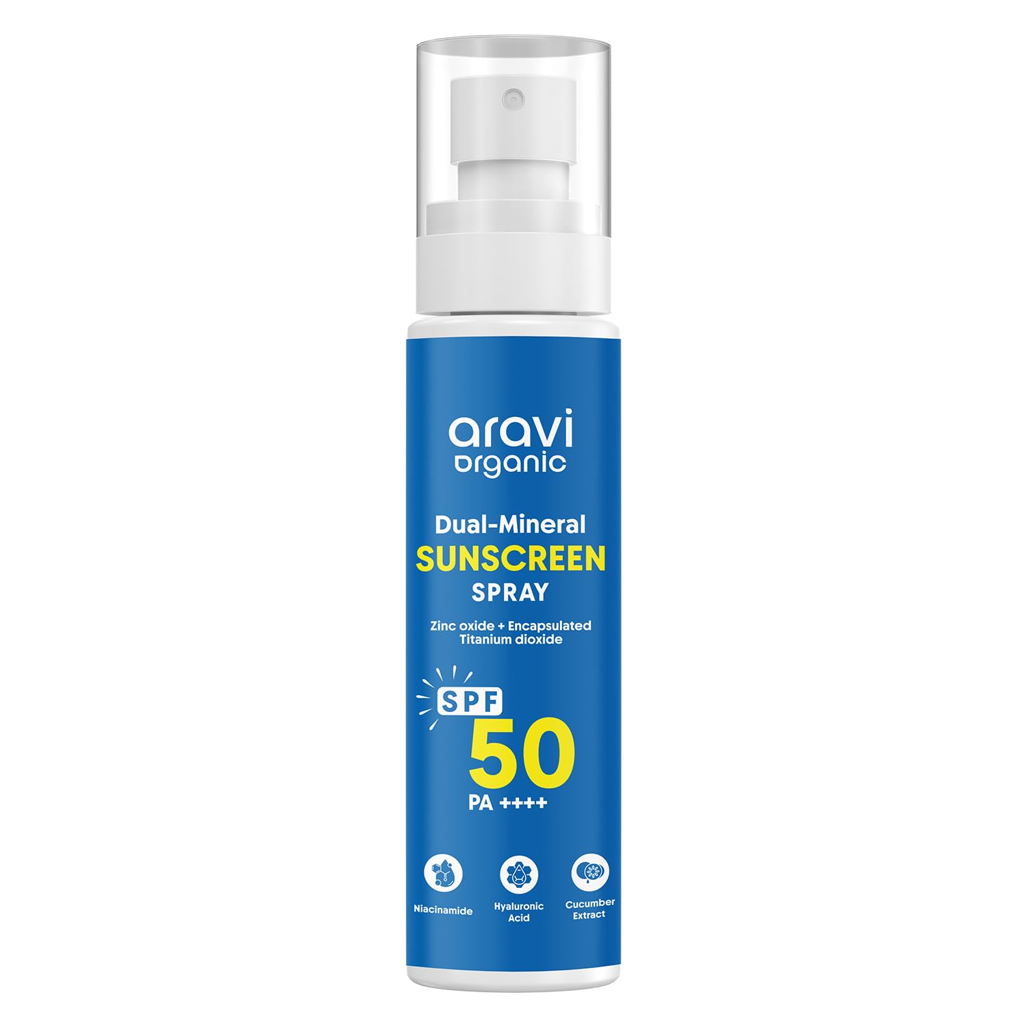 Aravi Organic Dual Mineral Sunscreen Spray bottle showing sleek packaging and broad protection