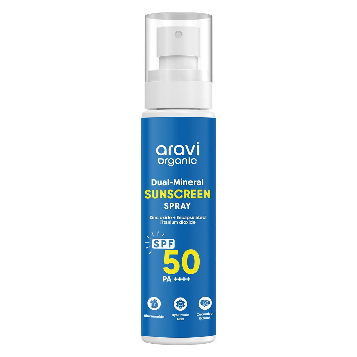 Aravi Organic Dual Mineral Sunscreen Spray bottle showing sleek packaging and broad protection
