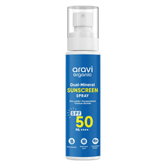 Aravi Organic Dual Mineral Sunscreen Spray bottle showing sleek packaging and broad protection