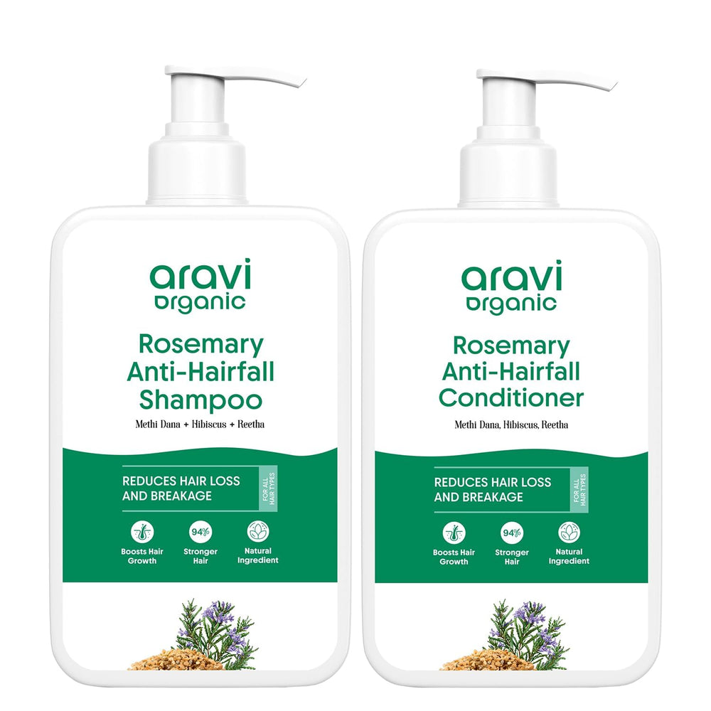 Aravi Organic Rosemary Shampoo bottle pour showing gentle cleansing for scalp care