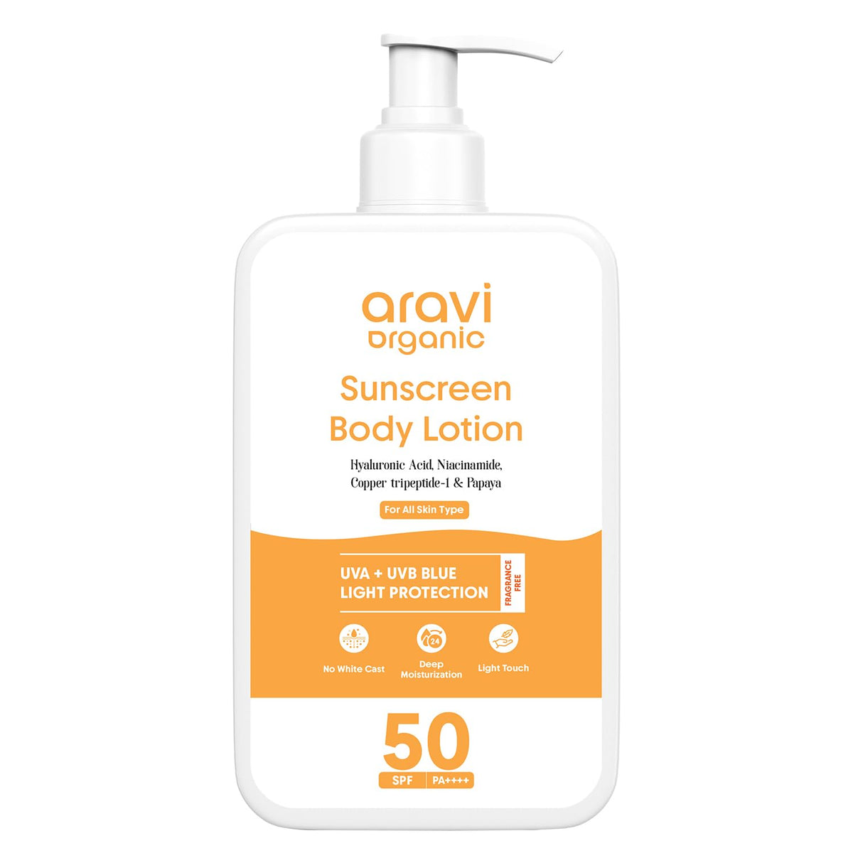 Aravi Organic Sunscreen Body Lotion SPF 50, invisible mist texture for a breathable sun shield.