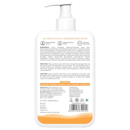 Aravi Organic Sunscreen Body Lotion SPF 50, lightweight texture for all-day comfort.