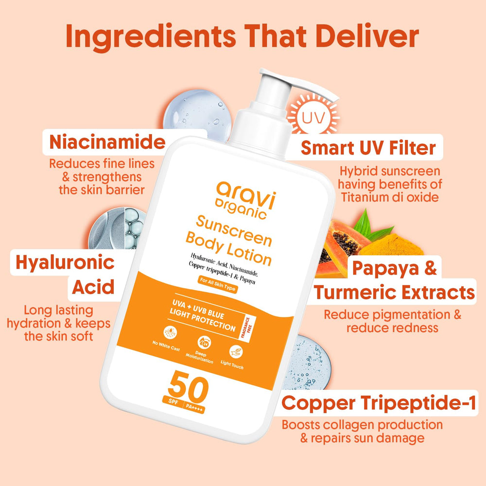 Aravi Organic Sunscreen Body Lotion SPF 50, Niacinamide benefits for even tone and care.
