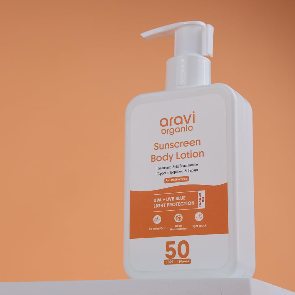 Aravi Organic Sunscreen Body Lotion SPF 50, how to apply for best protection and hydration.