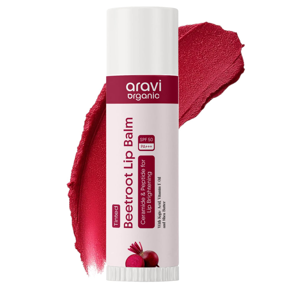 Aravi Organic tinted beetroot lip balm tube for sun protection and hydration