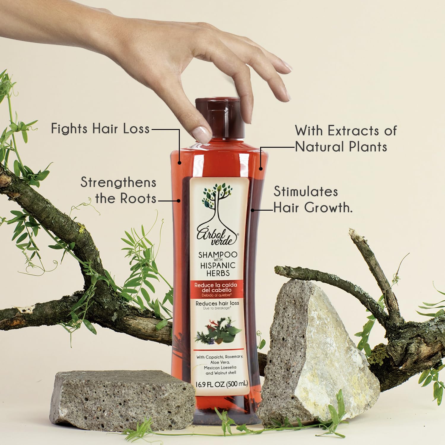 Arbol Verde ingredients panel features natural extracts for hair care