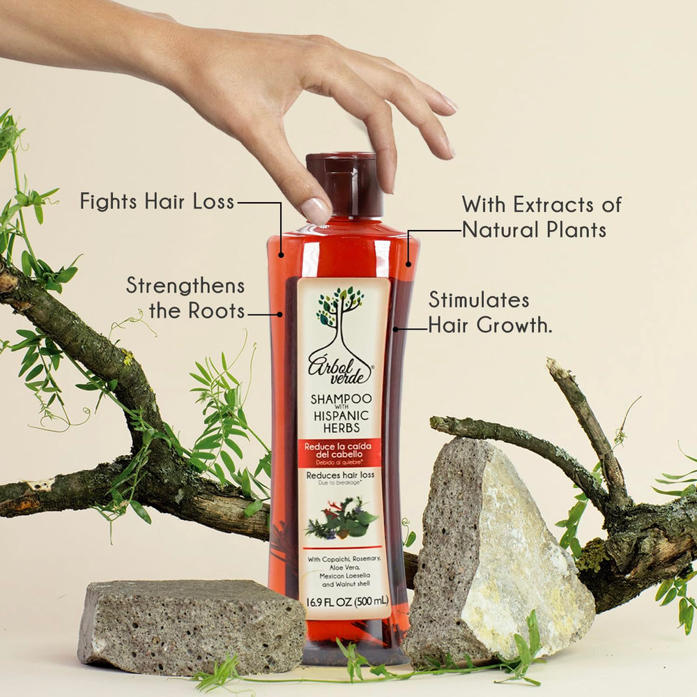 Arbol Verde ingredients panel features natural extracts for hair care