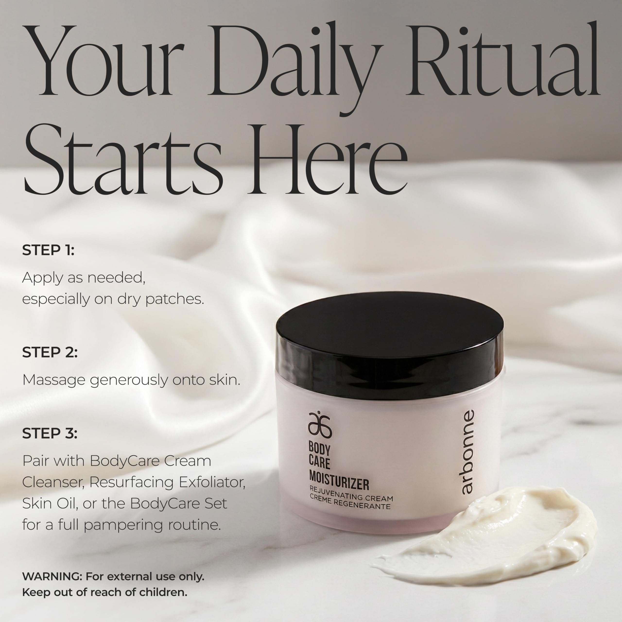 Arbonne BodyCare Moisturizer ingredients shot featuring omega oils and shea.