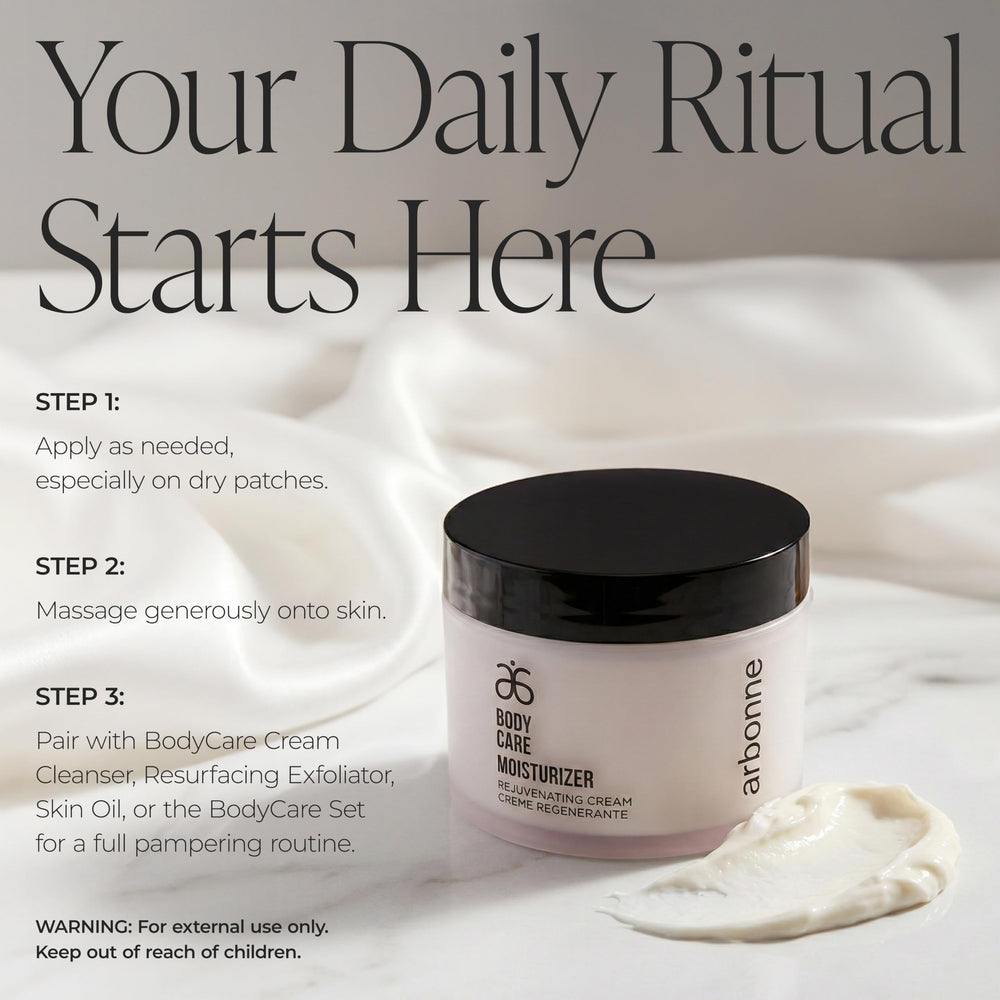Arbonne BodyCare Moisturizer ingredients shot featuring omega oils and shea.