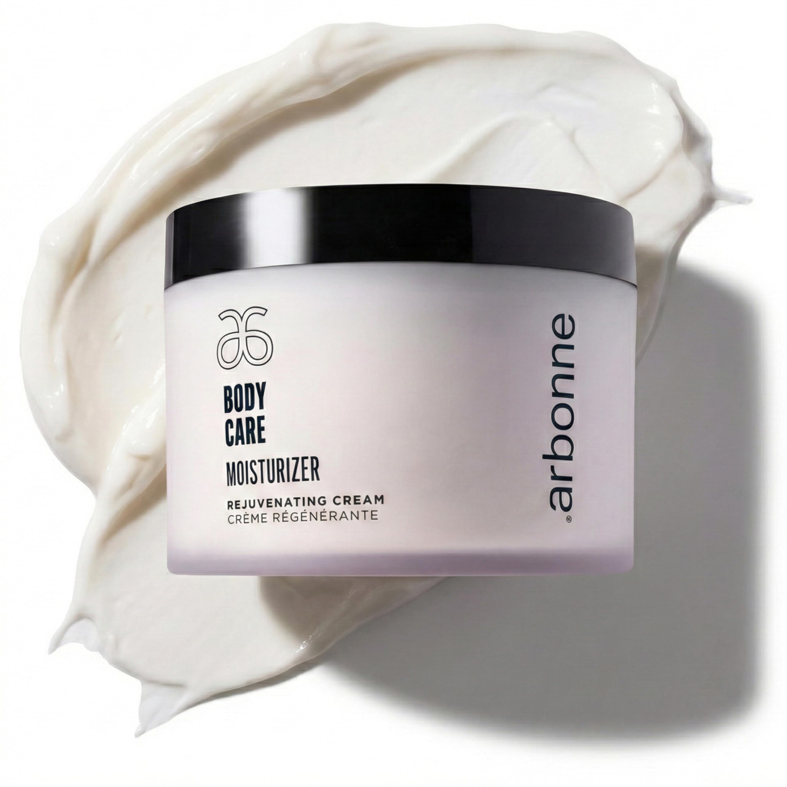 Arbonne BodyCare Moisturizer Cream jar closeup showing rich texture for deep hydration.