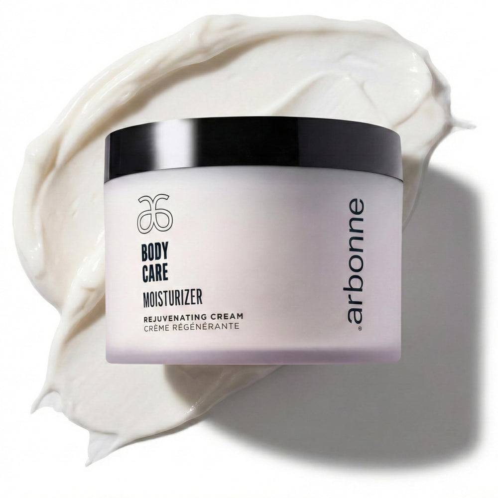 Arbonne BodyCare Moisturizer Cream jar closeup showing rich texture for deep hydration.