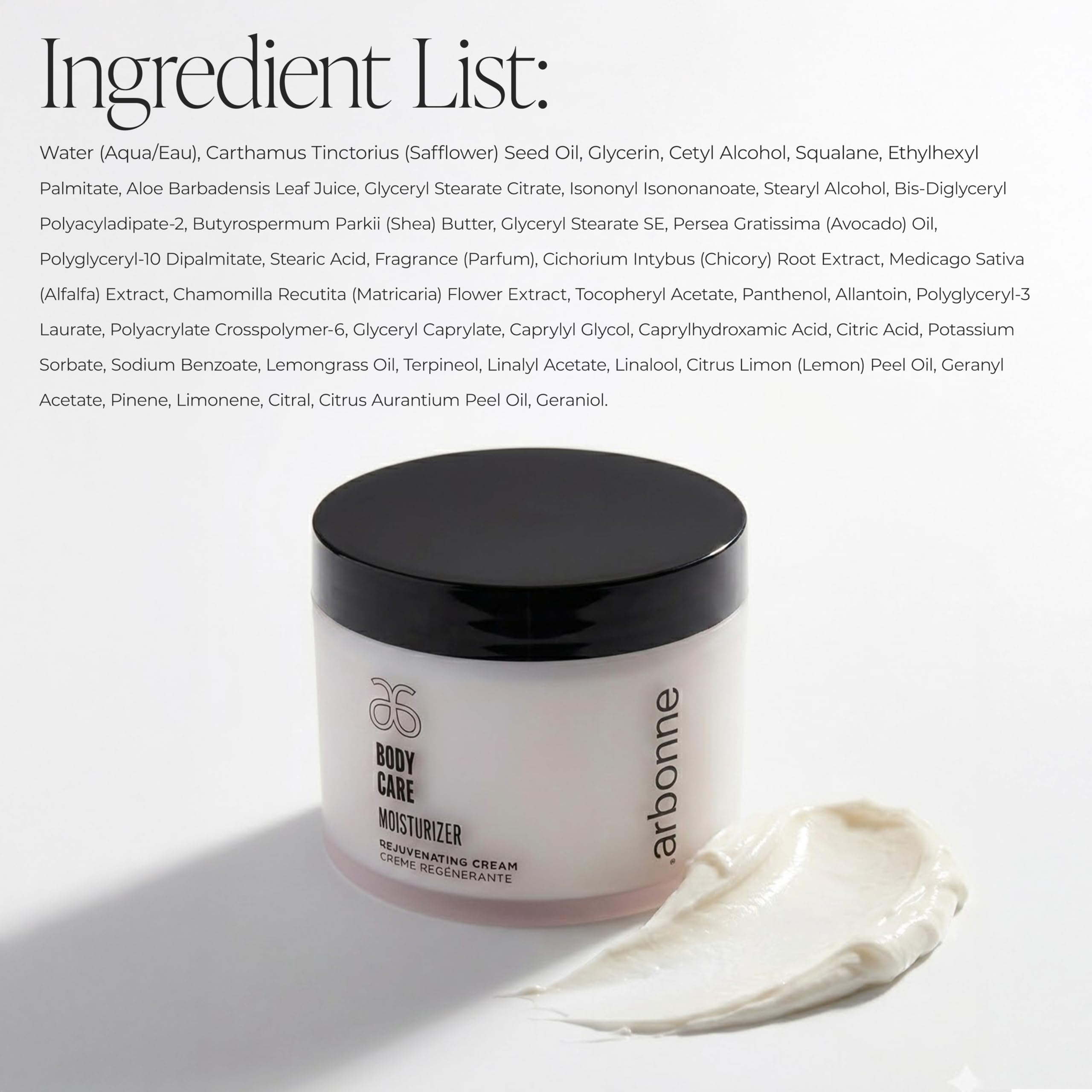 Arbonne BodyCare moisturizer with shea butter and aloe provides soothing hydration.