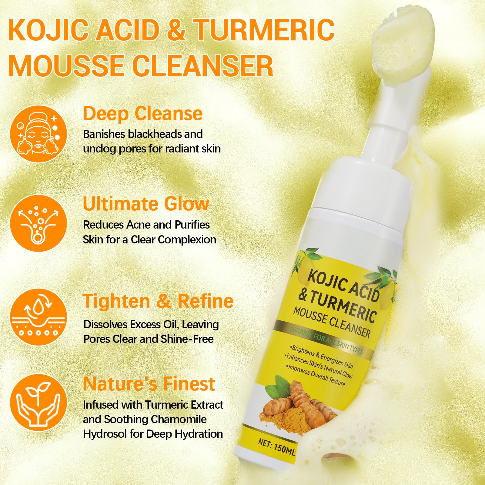 A r b c r n Turmeric Cleansing Mousse foam close-up showing smooth cleansing lather