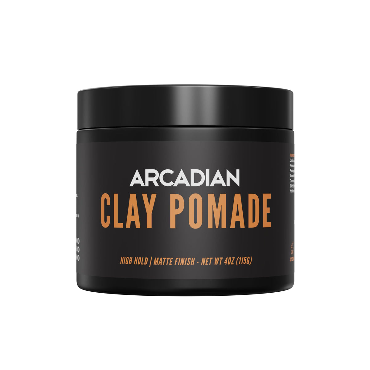 Arcadian Grooming Clay Pomade jar demonstrates strong, natural matte finish for versatile styling.
