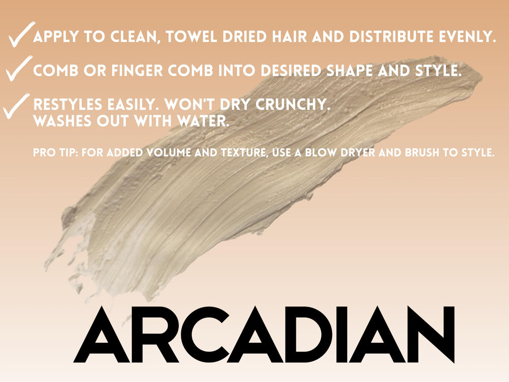Arcadian Natural ingredients list emphasizes clay, wax, and oils.