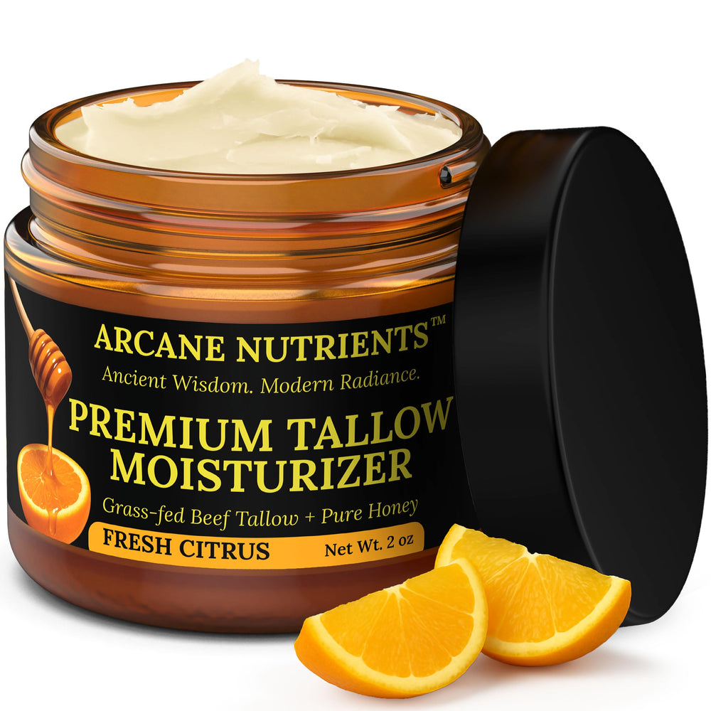 ARCANE NUTRIENTS grass-fed beef tallow balm bottle for daily hydration and soft skin.