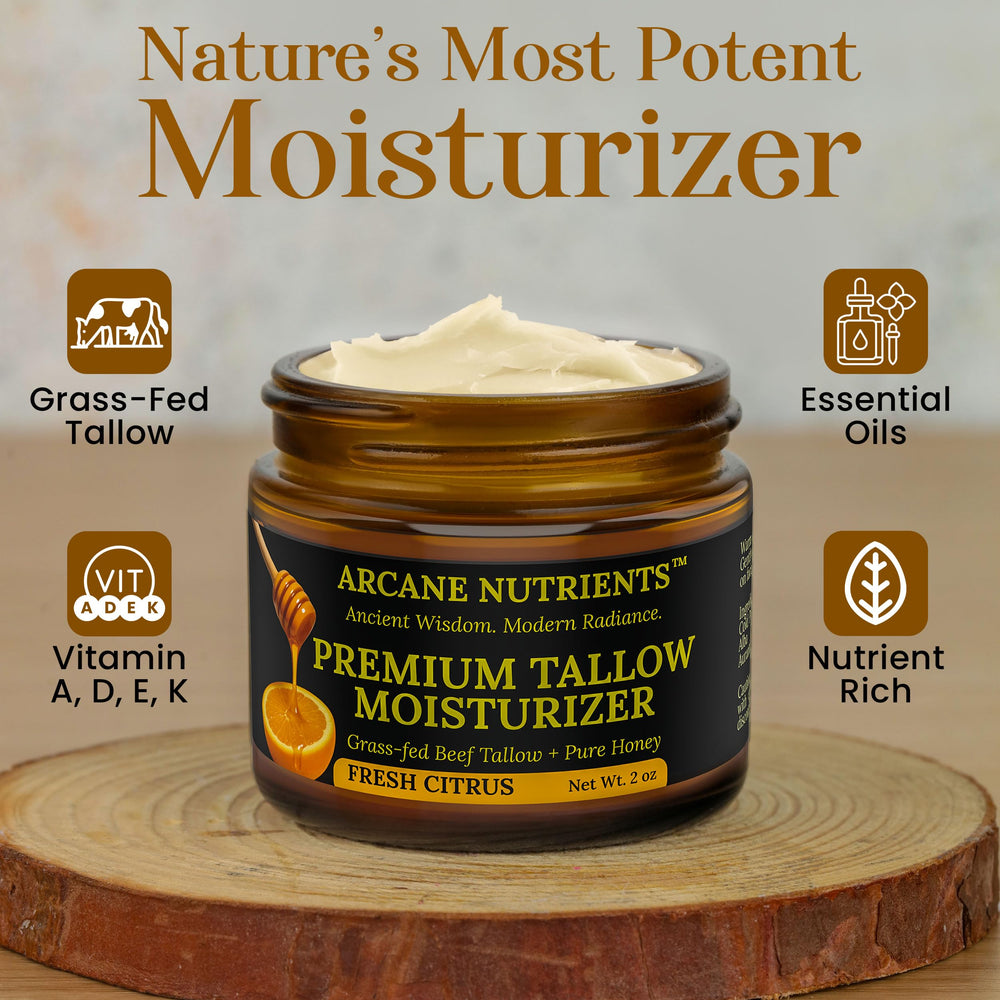 ARCANE NUTRIENTS tallow honey blend texture close-up showing creamy nourishment.