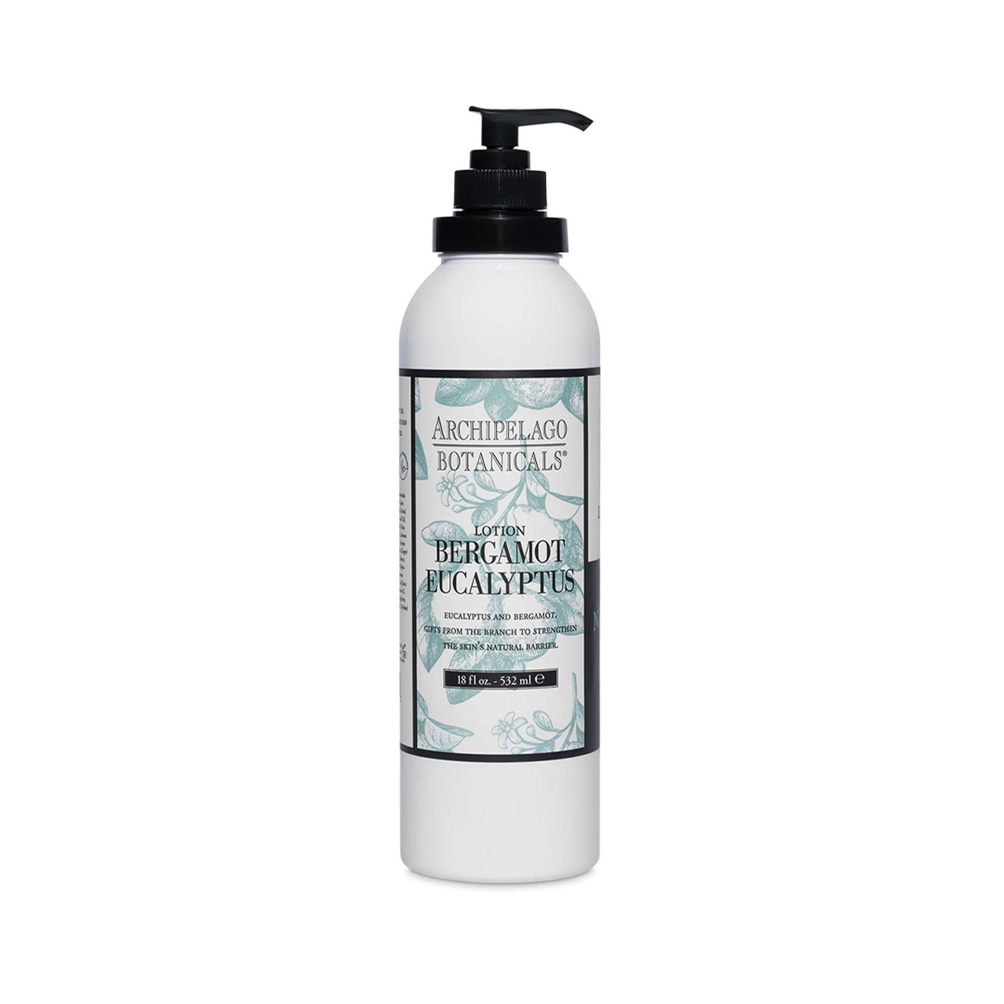 Archipelago Botanicals Bergamot Eucalyptus Lotion bottle for hydrating, non-greasy skin daily.
