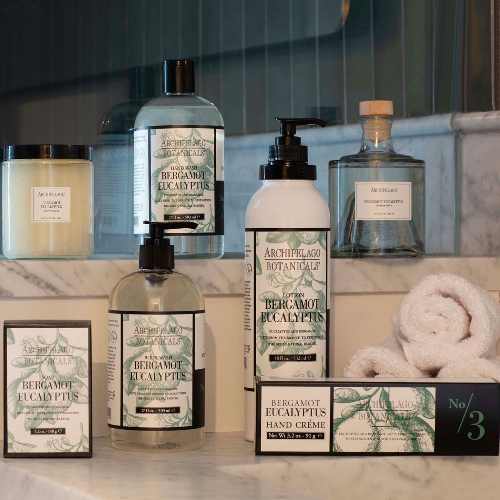 Archipelago Botanicals Bergamot Eucalyptus Lotion non-greasy finish for post-bath hydration.