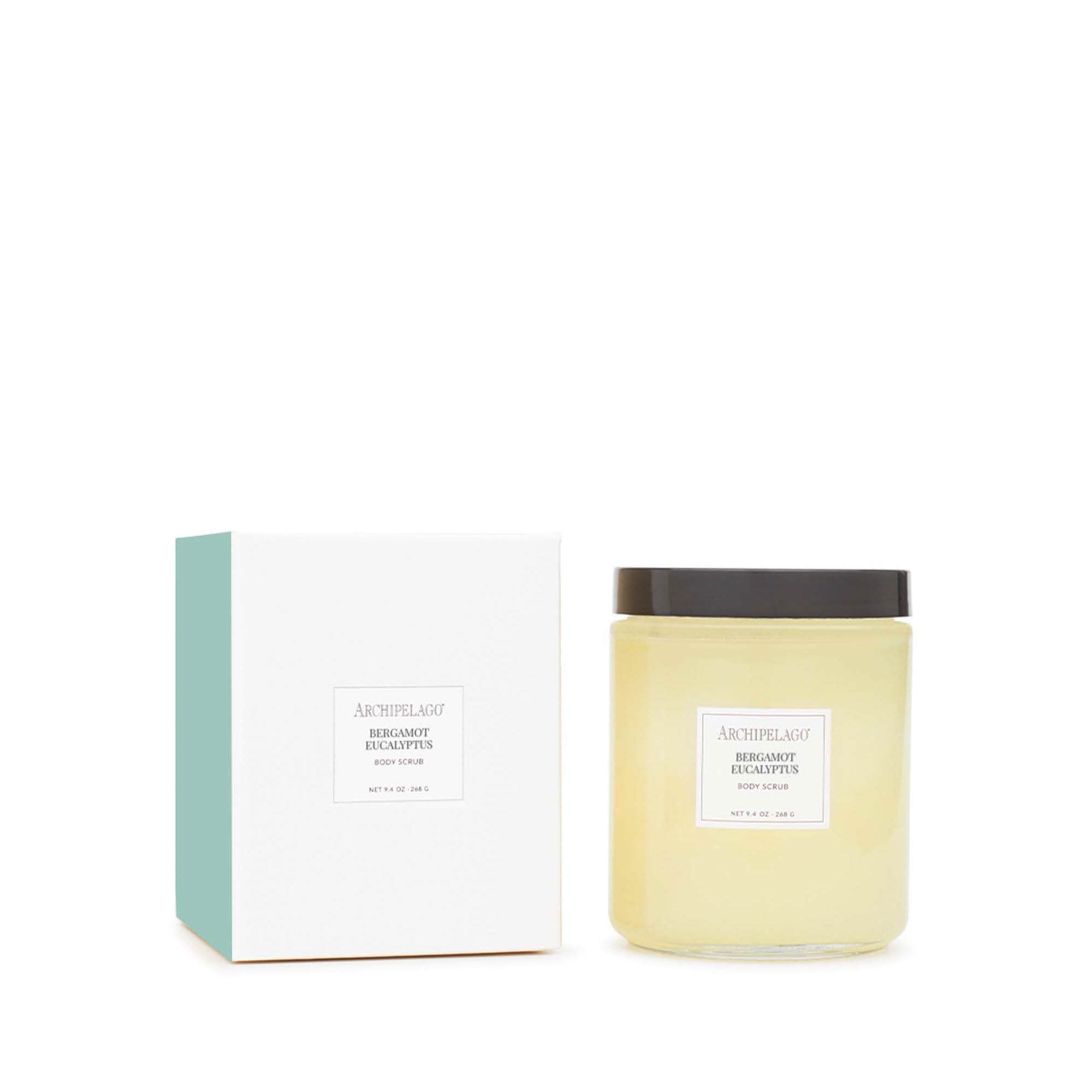Archipelago Botanicals Bergamot Eucalyptus Scrub jar with luxurious exfoliant for smooth skin