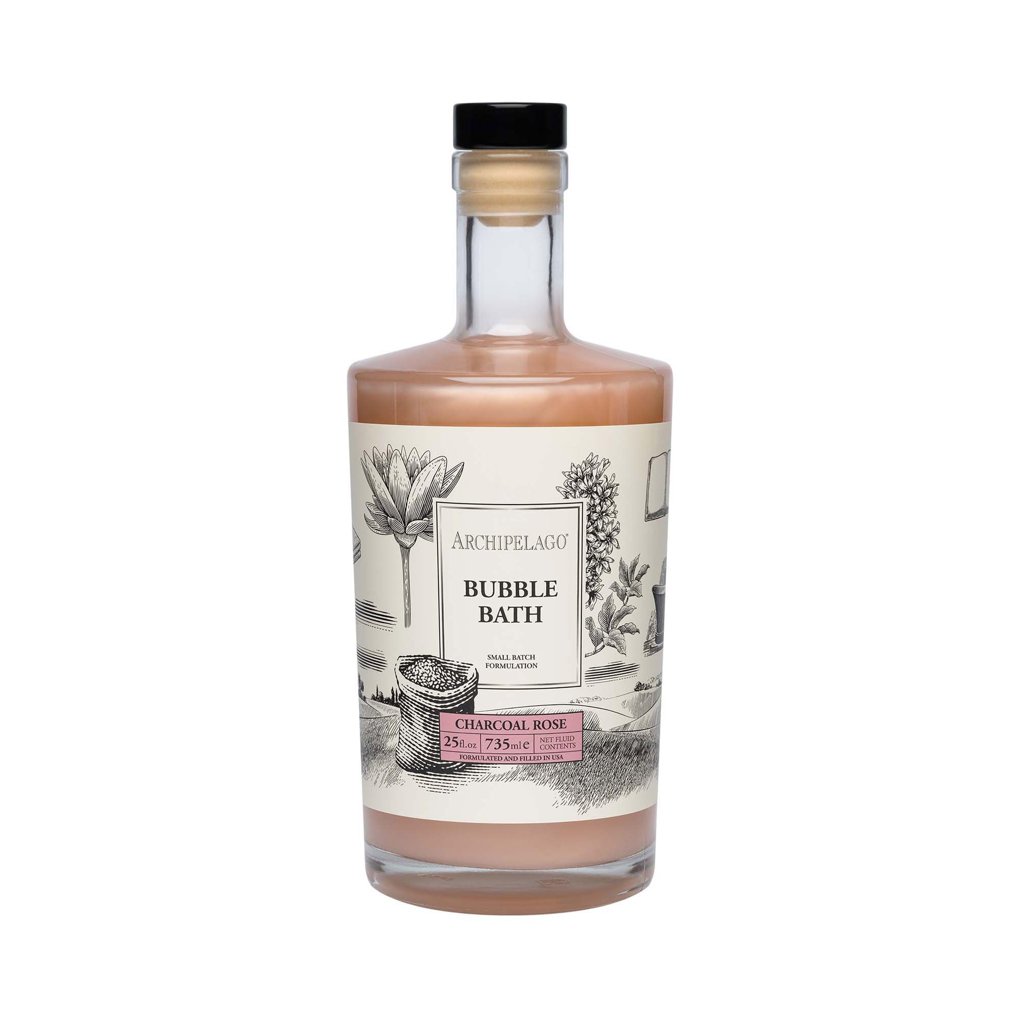 Archipelago Botanicals Charcoal Rose Bubble Bath pour creates detoxifying, hydrating bubbles.