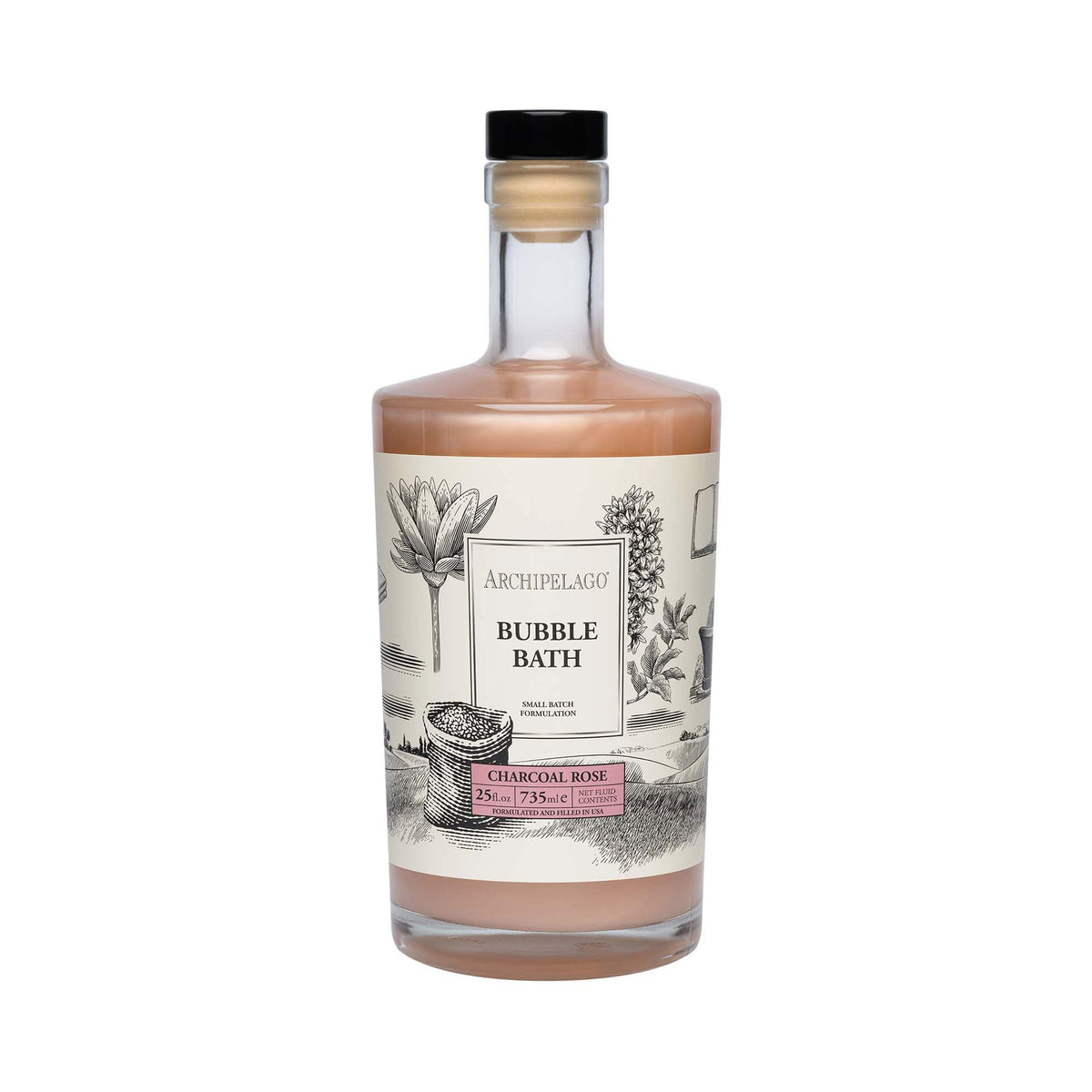 Archipelago Botanicals Charcoal Rose Bubble Bath pour creates detoxifying, hydrating bubbles.