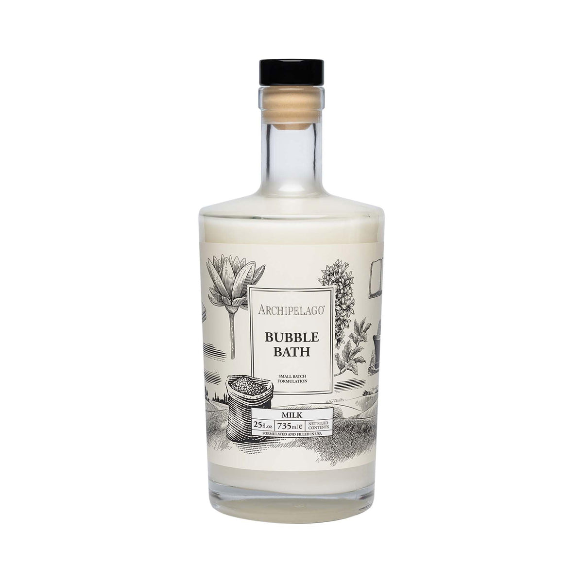 Archipelago Botanicals Luxury Milk Bubble Bath bottle pouring creates rich bubbles for a soothing soak