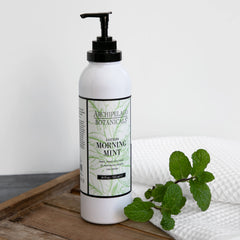 Archipelago Botanicals Morning Mint Lotion ingredients display basil and mint for natural care