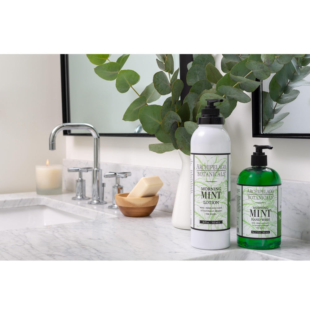 Archipelago Botanicals Morning Mint Lotion pump dispensing a small amount