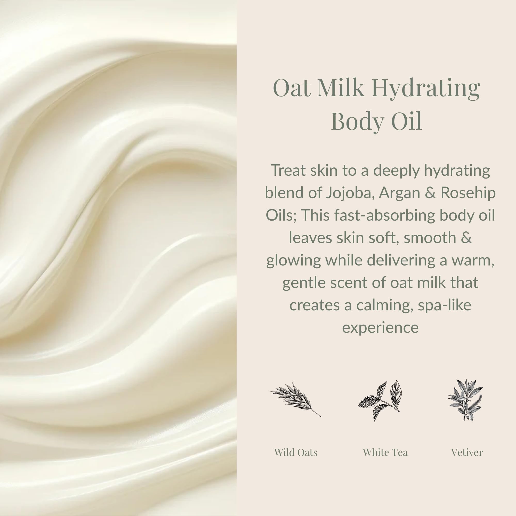 Archipelago Botanicals Oat Milk Hydrating Body Oil ingredients including jojoba, argan and rosehip oils.