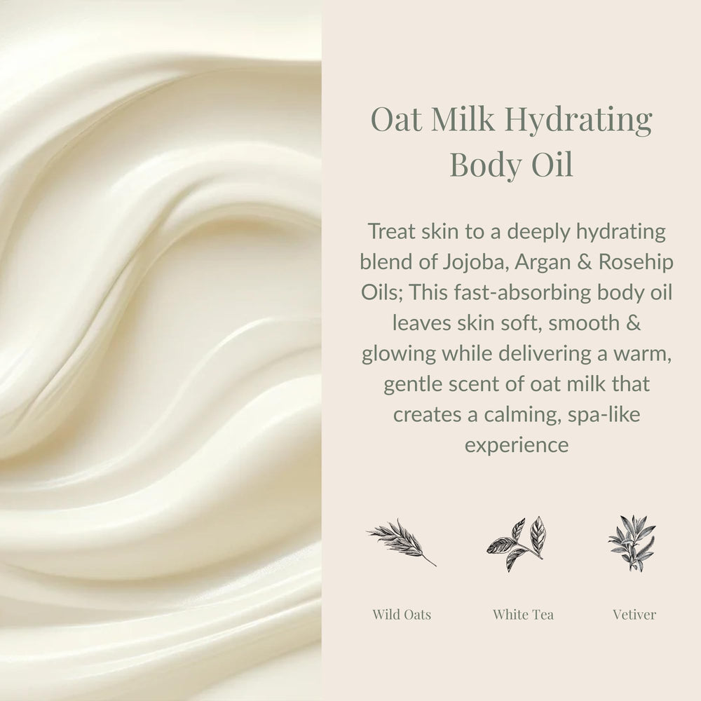 Archipelago Botanicals Oat Milk Hydrating Body Oil ingredients including jojoba, argan and rosehip oils.