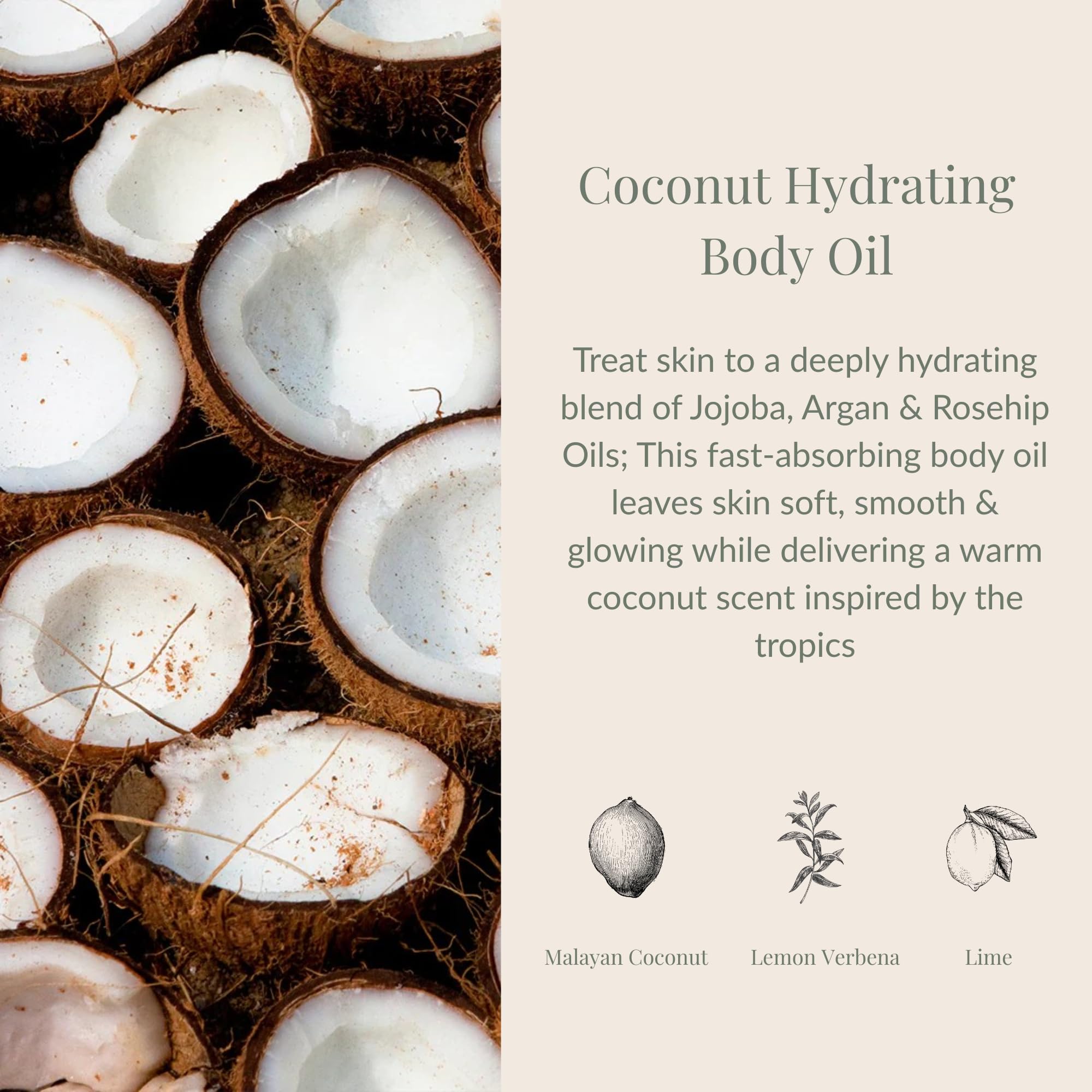 Archipelago Coconut Hydrating Body Oil applied to damp skin after shower for seal in moisture