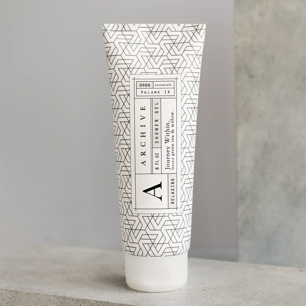 Archive Journey Within shower gel liquid pour showing a hydrating formula