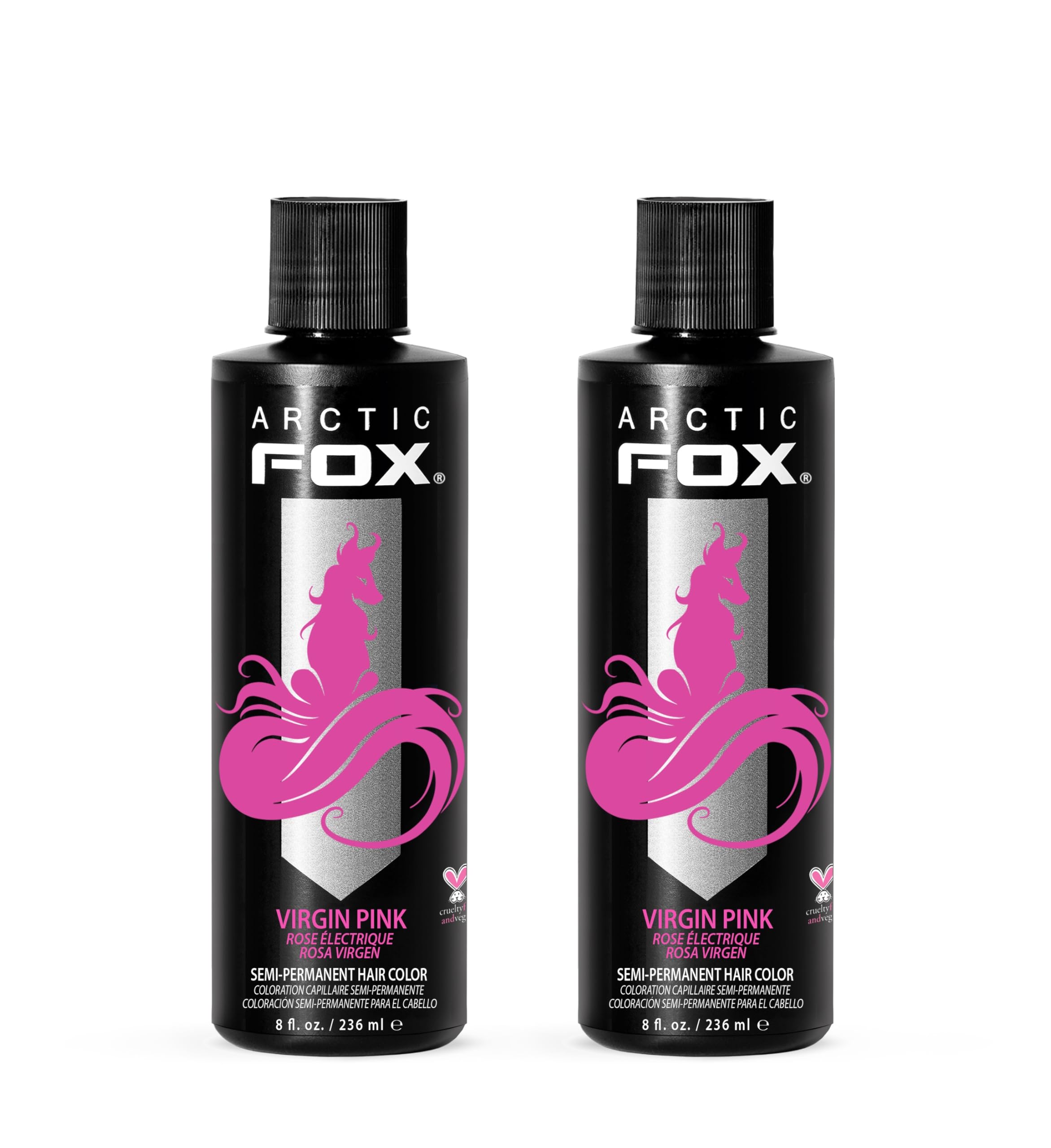 Arctic Fox Virgin Pink dye bottle for bold color on light brown hair.