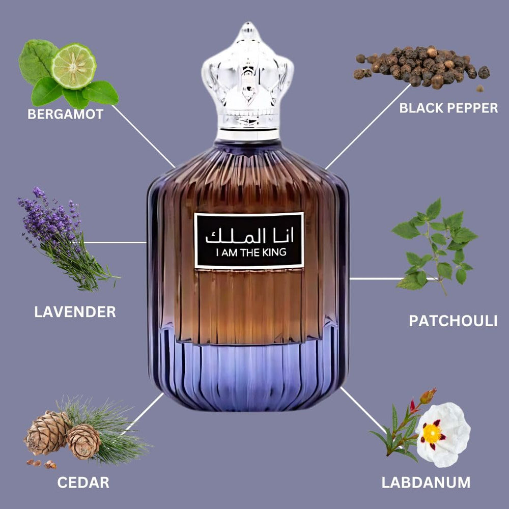 Ard Al Zaafaran I Am The King base-notes cedar-ambroxan-labdanum for lasting warmth.
