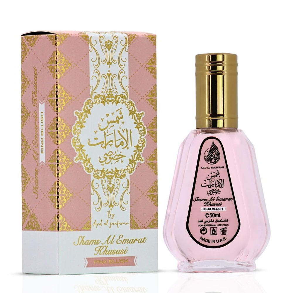 Portrait of Ard Al Zaafaran Pink Blush bottle with vibrant opening notes.
