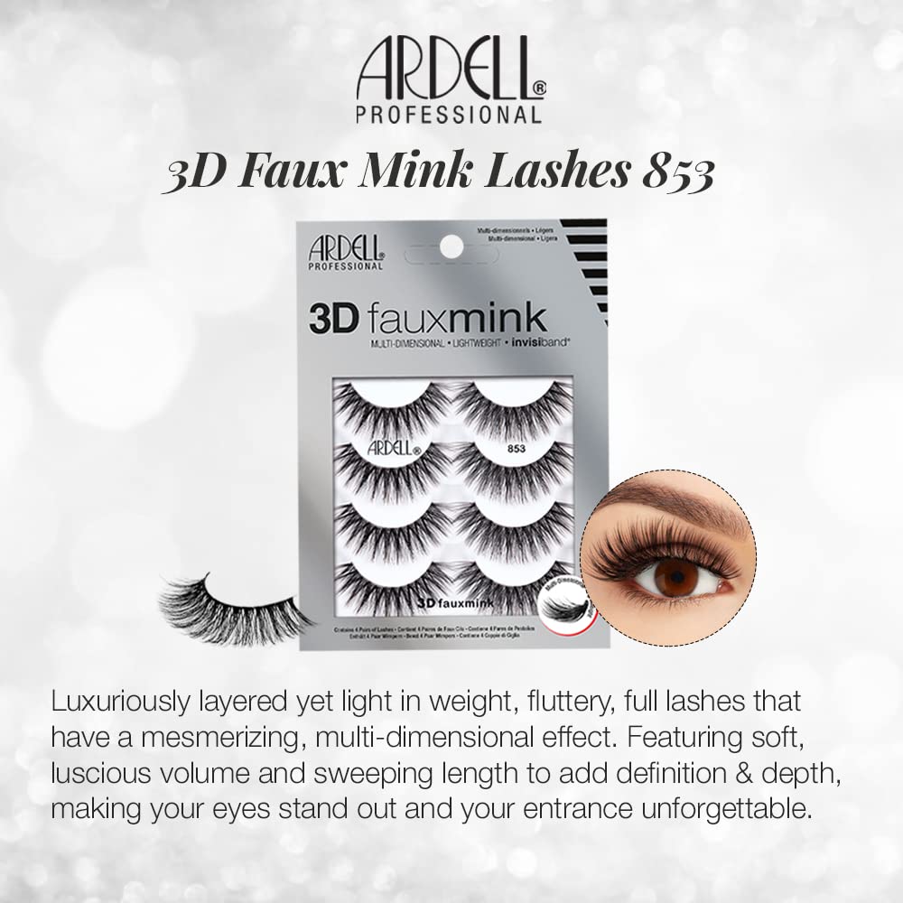 Ardell 3D Faux Mink Lashes 853 wispy volume on eye for natural drama.