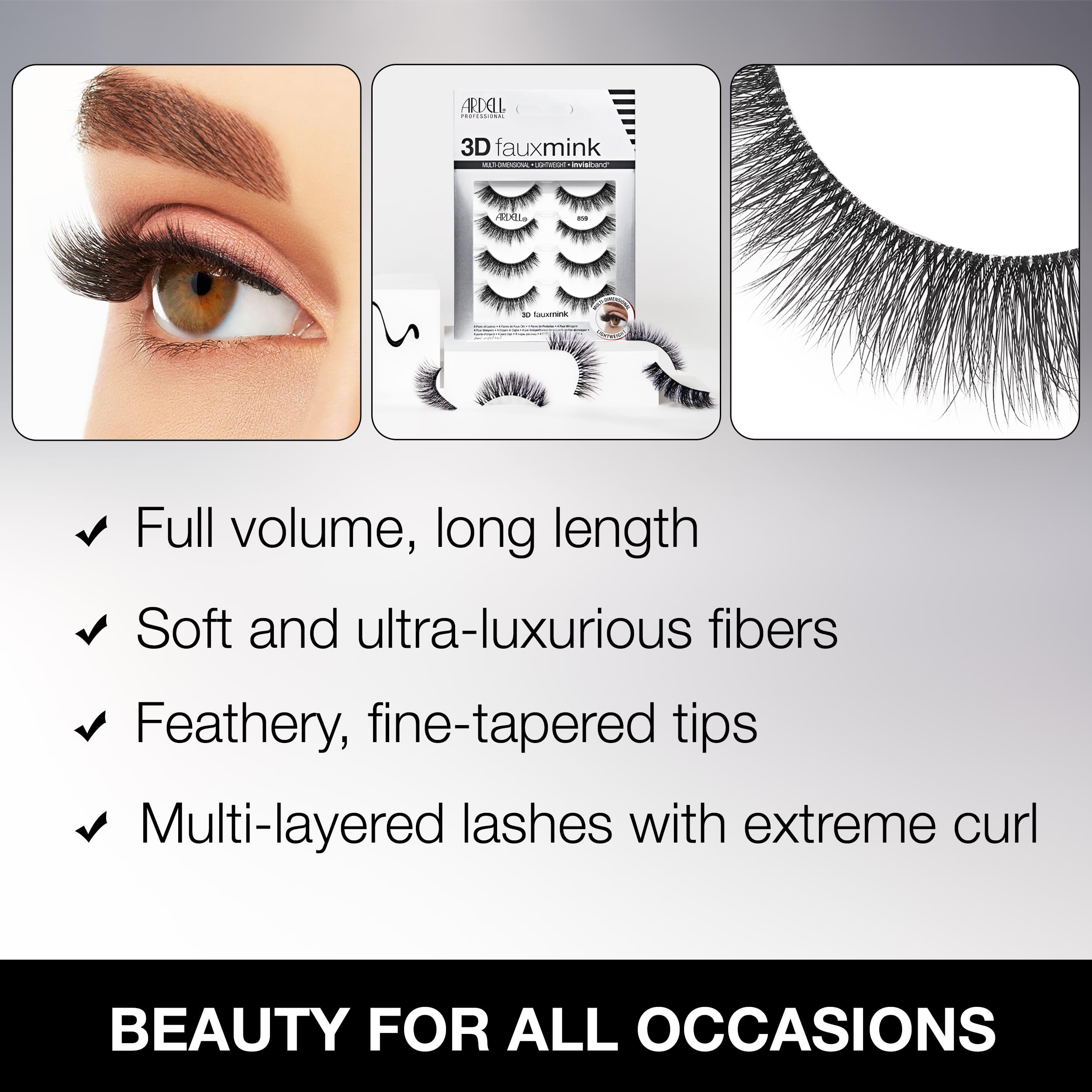 Ardell 3D Faux Mink Lashes demi Wispies close-up, tapered fibers for realism.