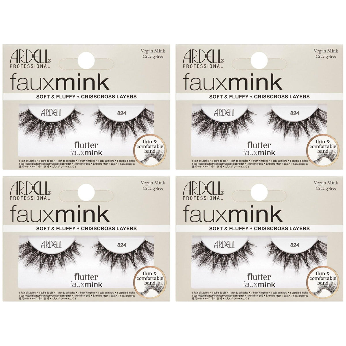 Ardell Faux Mink Wispies 824 cat-eye lashes for a lightweight, fluttery look and easy-to-apply.