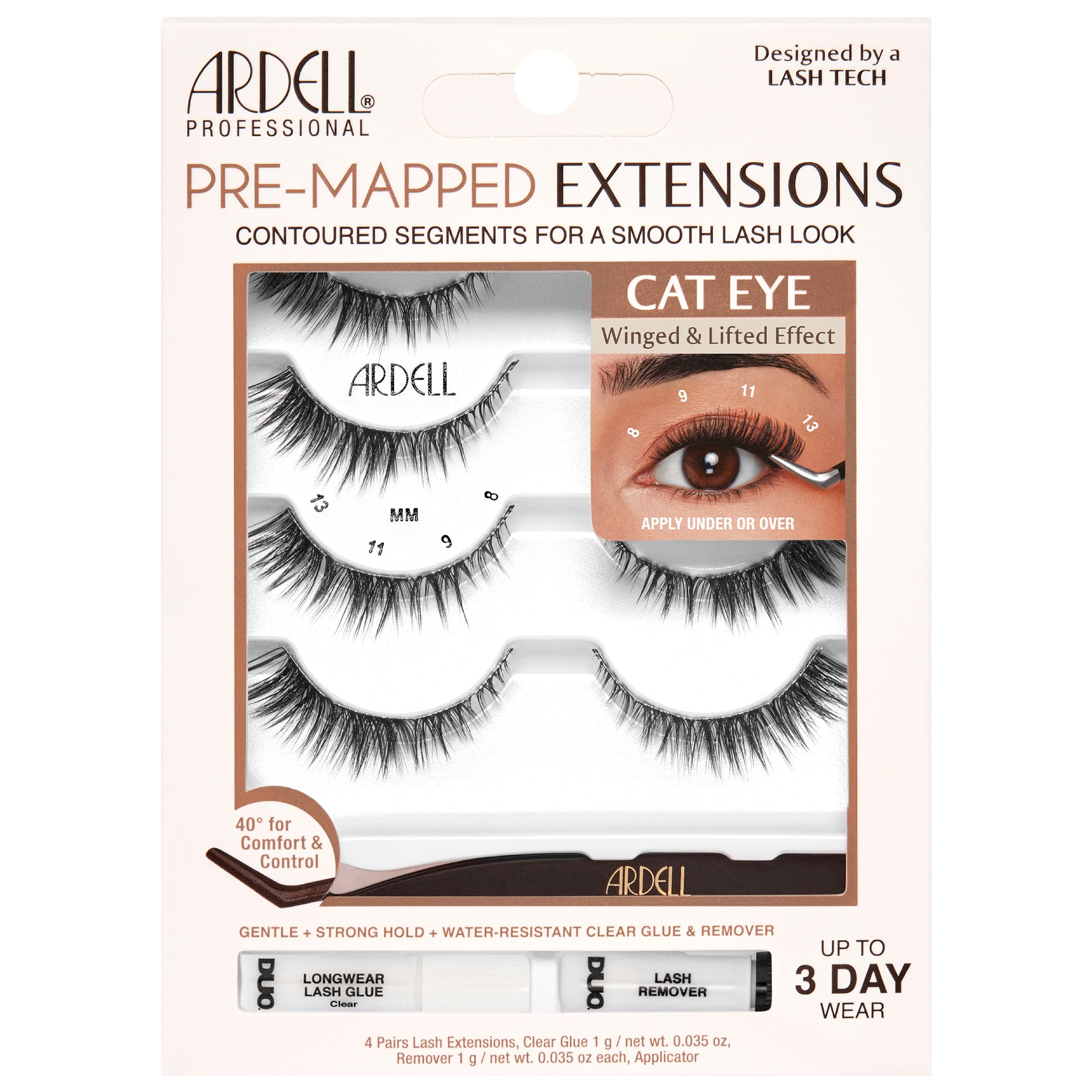 Ardell pre-mapped eyelash extensions kit shows cat eye design for easy application.